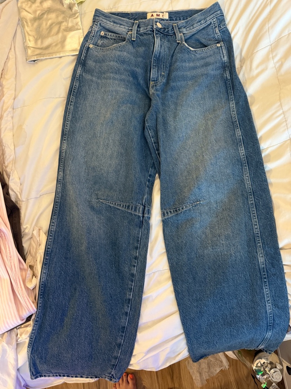 AMO Wide Leg Flare Jeans in Medium Blue Denim